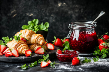 Freshly baked croissants with strawberry jam and mint garnish