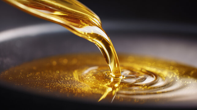 Cooking oil being poured into a frying pan in the kitchen, close-up view, preparation for frying food, bright lighting, fresh and clean atmosphere.