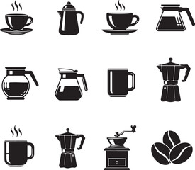 Obraz premium Coffee and Tea Icons Cups Pots Moka Pot Grinder and Beans in Black Silhouette.
