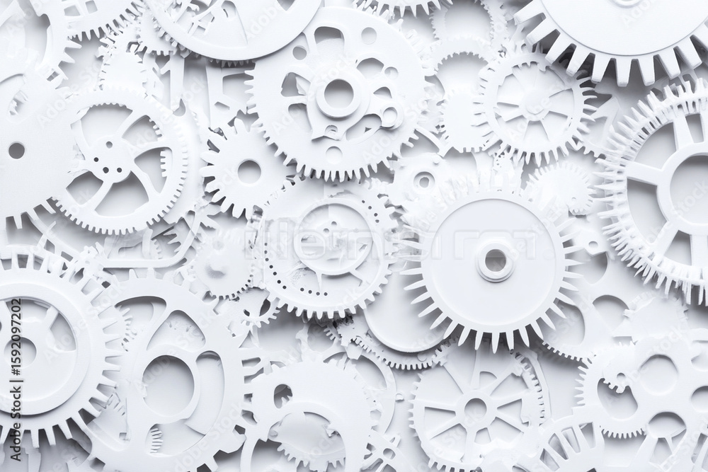 Poster intricate arrangement of white gears and cogs creating chaos