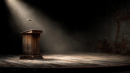 old wooden podium with spotlight in a dark room.