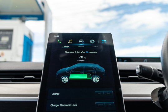 Charging status display shows the charge level of the electric car at the outdoor electric station. Future energy concept