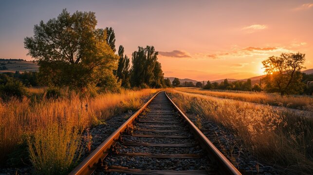 rustic railway tracks at sunset surrounded by grass and trees in nature