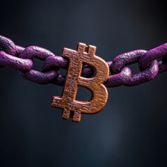 Wooden Bitcoin Symbol on Metallic Purple Chain Link