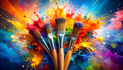 Vibrant Paint Brushes in a Colorful Explosion