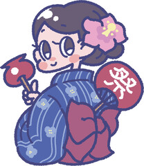 浴衣を着たお祭りを楽しむ女の子のイラスト