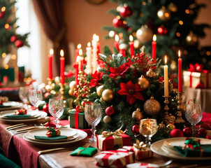 Festive holiday dining table adorned with vibrant decorations and twinkling lights