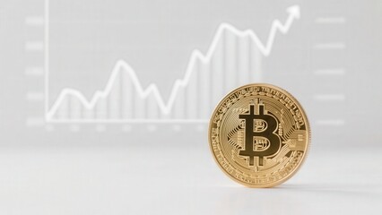 Gold bitcoin coin standing upright with a rising financial graph in the background, symbolizing cryptocurrency growth.