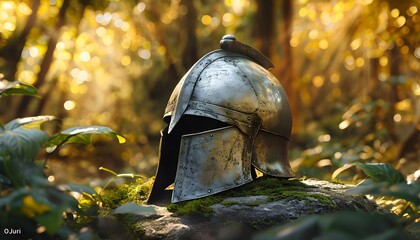 Ancient Warrior’s Lost Helmet: Timeless Medieval Steel helmet, Resting, Echoing Forgotten Legends,Evoking Medieval History, Mystery, concepts.old Metal Helmet