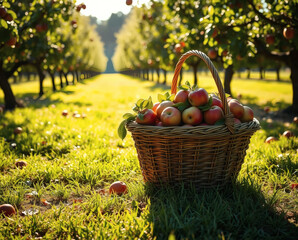 Harvesting moments in a sunlit apple orchard filled with ripe fruits in late afternoon warmth