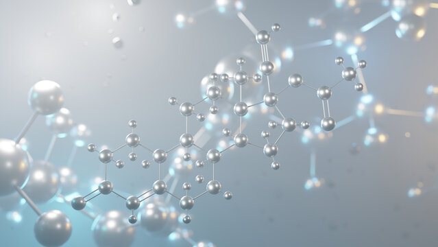 norethindrone acetate molecular structure, 3d model molecule, progestin medication structural chemical formula view from a microscope