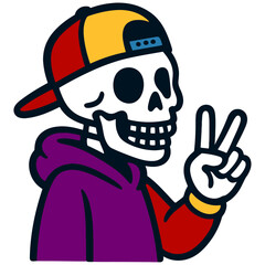 Skeleton in purple hoodie making peace sign, wearing red and yellow cap backward.