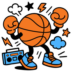 Energetic Basketball Character Dancing with Music and Stars
