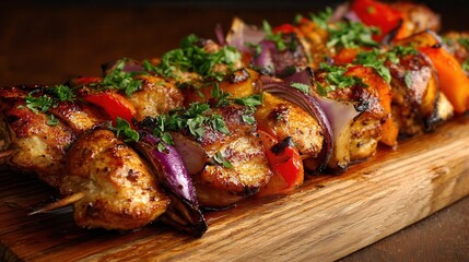 A mouthwatering photo of grilled chicken shish kebabs, beautifully arranged on a wooden board. The food is golden brown and perfectly seared with an attractive sheen. A variety of.