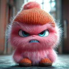 A pink furry creature with an orange knit hat, looking angry with blue eyes and clenched teeth showing