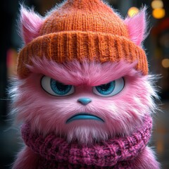 Close up of a pink furry creature wearing an orange hat and a pink scarf looking grumpy and angry