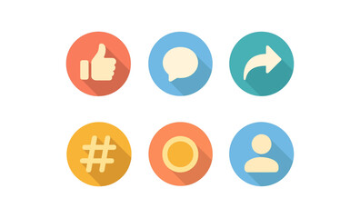 Flat icons set: social media interaction symbols with long shadows