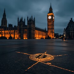 Bitcoin Symbol with Big Ben at Twilight in London Cityscape