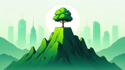 Green city landscape with tree on top of mountain illustration wallpaper design art