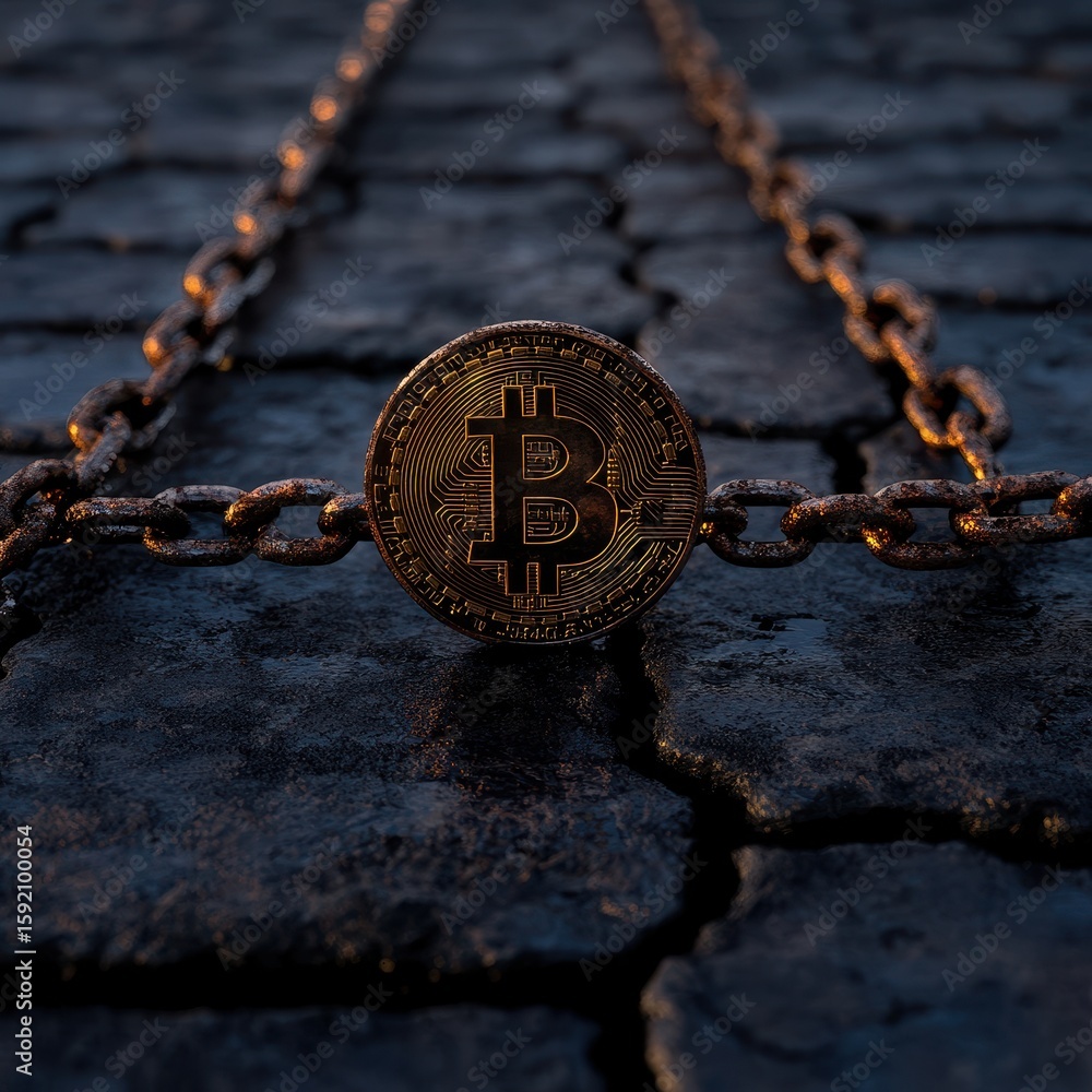 Poster bitcoin coin on rusty chain link background in dark setting