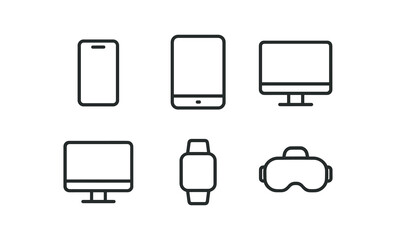 Minimalist technology icons collection: phone, tablet, monitor, watch, vr