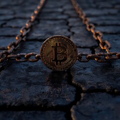 Bitcoin Coin on Rusty Chain Link Background in Dark Setting