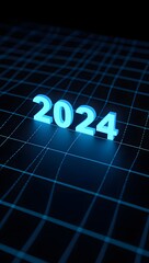 Happy new year celebration background with glowing neon 2024 on dark grid surface