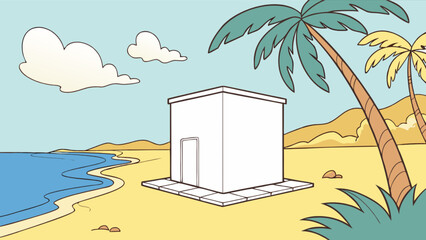 Illustration of a beach house with palm trees and ocean view for summer vacation and travel concept art