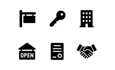 Real estate icons set: sign, key, building, open, contract, handshake