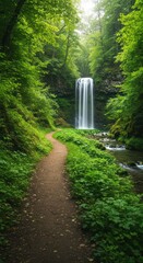 Lush Green Forest Path Leading to Waterfall in Nature Scene