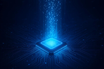 Advanced Glowing Microchip on Circuit Board – Futuristic Data Flow Technology Background