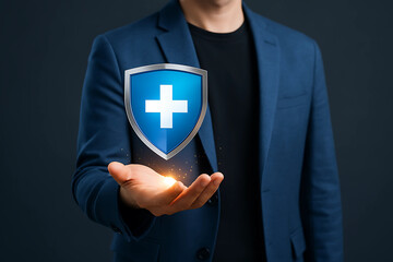 Businessman in Suit Holding Glowing Shield with Medical Cross Symbolizing Corporate Health Insurance and Protection Concept