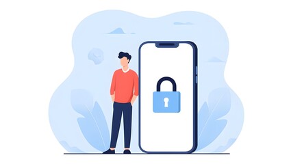 Mobile security concept illustration with man and smartphone padlock for data privacy