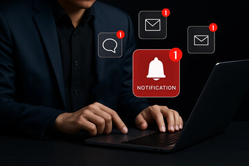 Businessman Using Laptop with Floating Notification Icons for Email, Messaging, and Alerts on Digital Interface Background