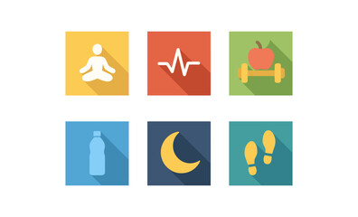 Flat design health and fitness icons set with long shadows