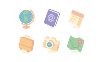 Obraz premium Colorful travel icons set featuring globe, camera, and map in flat style
