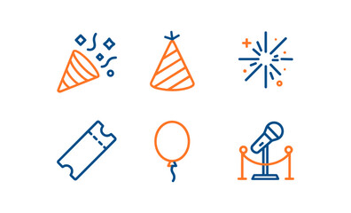Festive line art icons of party celebrations with microphone and balloon