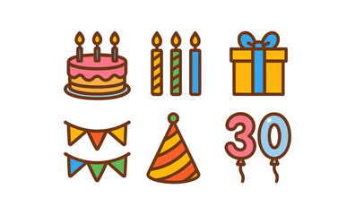 Colorful birthday celebration icons set with cake, gifts, and party elements