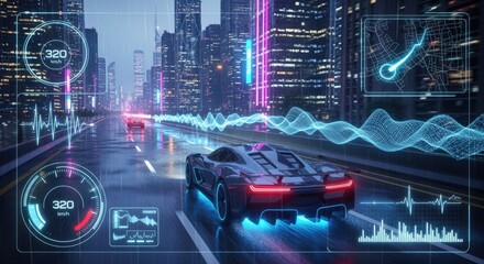 Futuristic car with digital data overlay driving on a wet city street with neon lights at night.