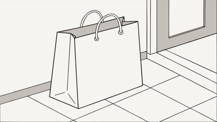Illustration of a shopping bag on the floor near a door, depicting retail and consumerism concept