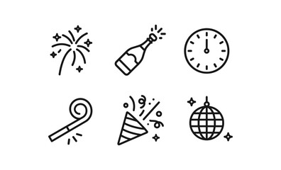 New year's eve celebration icons: fireworks, champagne, countdown, party elements