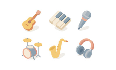 Colorful isometric musical instrument set with guitar, keyboard, and more