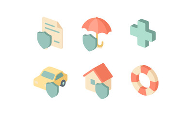 Isometric insurance icons: home, health, life, car, document, umbrella