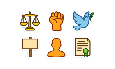 Colorful human rights icons collection featuring symbols of justice, peace, and equality