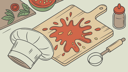 Chef kitchen cooking preparation with tomato sauce on board and chef hat illustration vector art