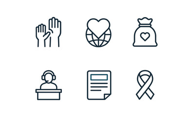 Charity outline icons set: volunteering, donation, support, ribbon, global love