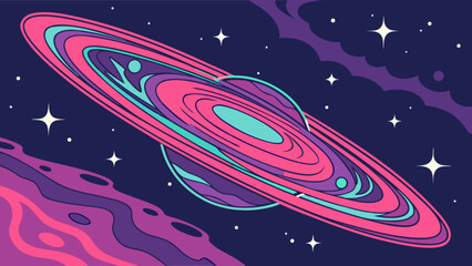 Outlined planet with rings vector illustration in space background for astronomy and science designs