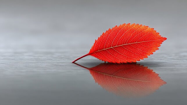 A single red leaf floating on a puddle in a park reflecting the beauty of autumn season and fall leaves