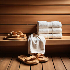  Stacked wooden sauna towels and slippers on bench