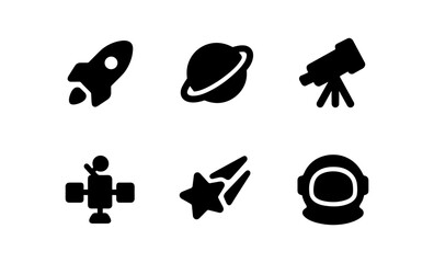 Space icon set: rocket, planet, telescope, satellite, shooting star, astronaut in silhouette style